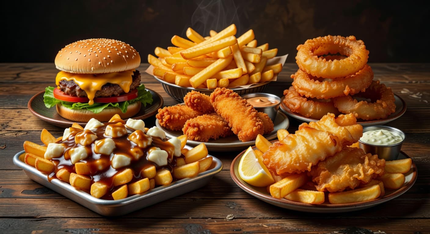 The Stoned Chef food spread β burgers, poutine, fries, fish & chips